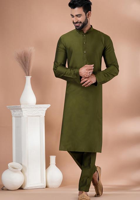 Mehendi Green Solid Georgette Kurta Set For Men