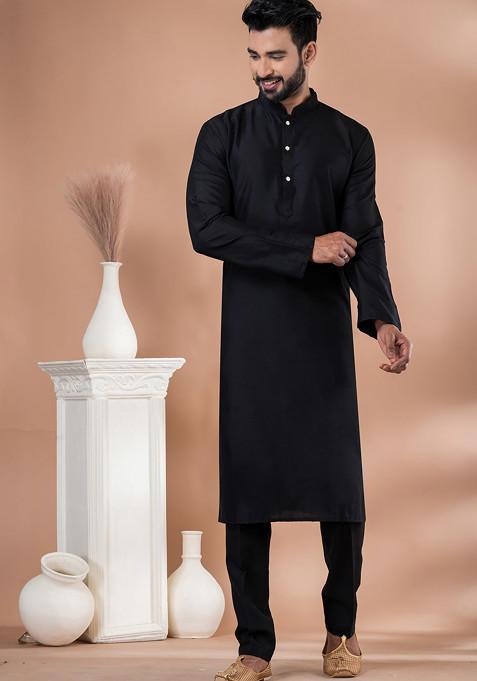 Black Solid Georgette Kurta Set For Men