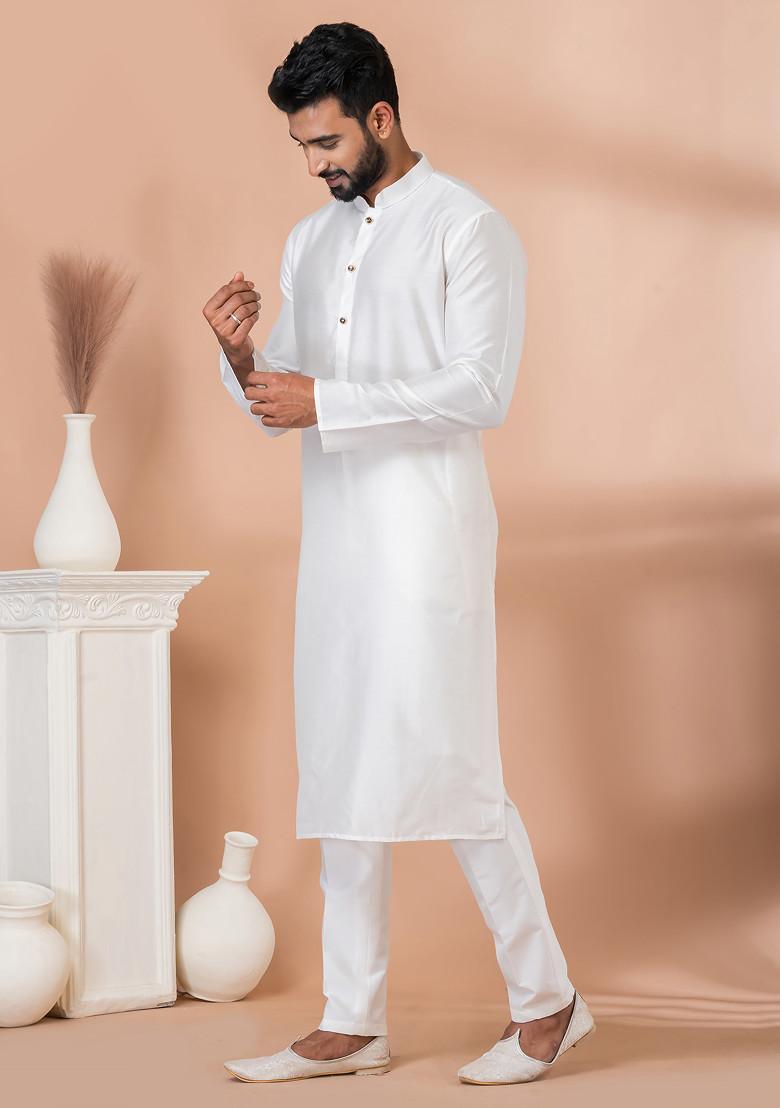 White Solid Georgette Kurta Set For Men
