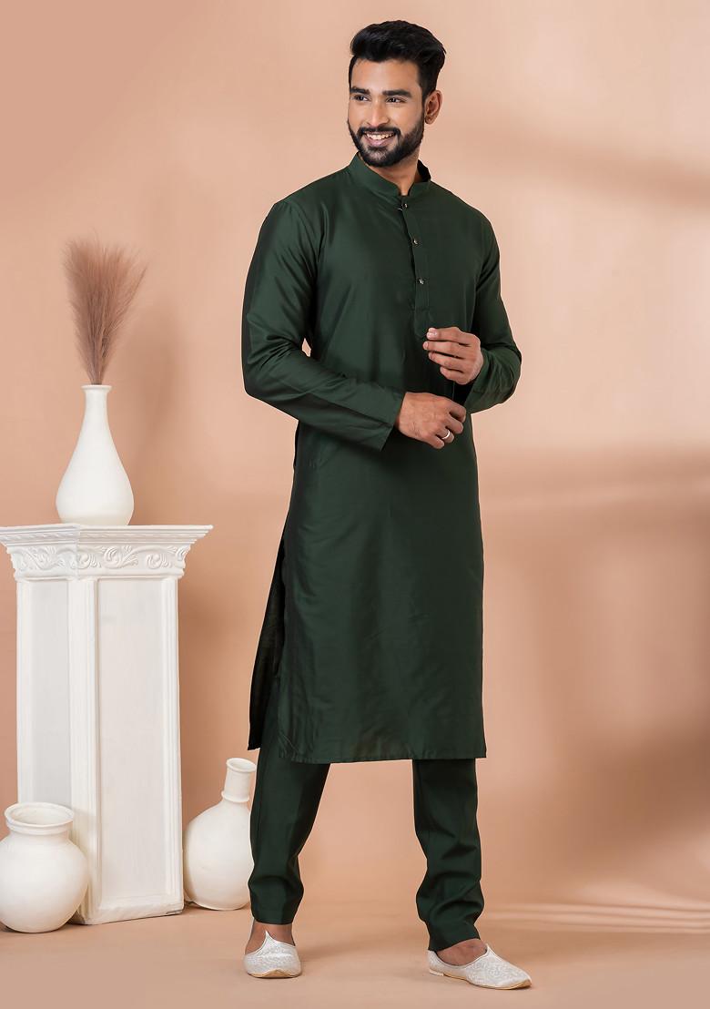 Green Solid Georgette Kurta Set For Men