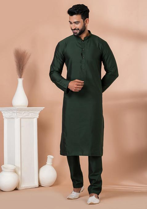 Green Solid Georgette Kurta Set For Men