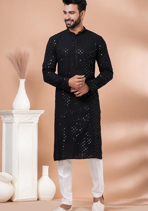 Black Sequin Embroidered Georgette Kurta Set For Men