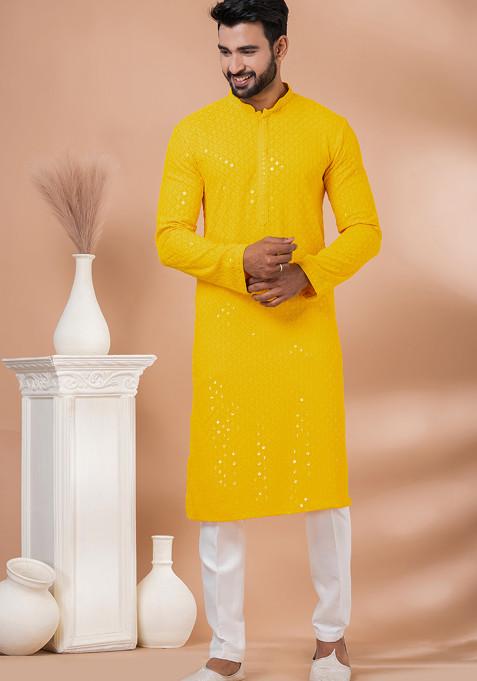 Yellow Sequin Embroidered Georgette Kurta Set For Men