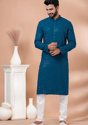 Teal Green Sequin Embroidered Georgette Kurta Set For Men