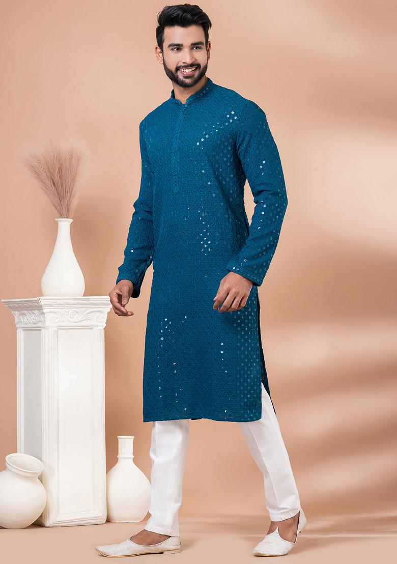 Teal Green Sequin Embroidered Georgette Kurta Set For Men