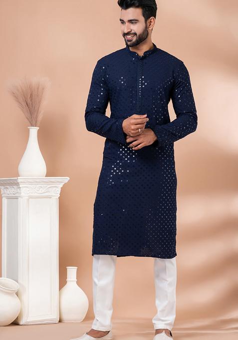 Navy Blue Sequin Embroidered Georgette Kurta Set For Men