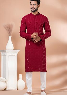 Red Sequin Embroidered Georgette Kurta Set For Men