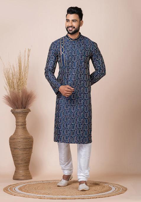 Navy Blue Abstract Print Kurta Pyjama Set For Men