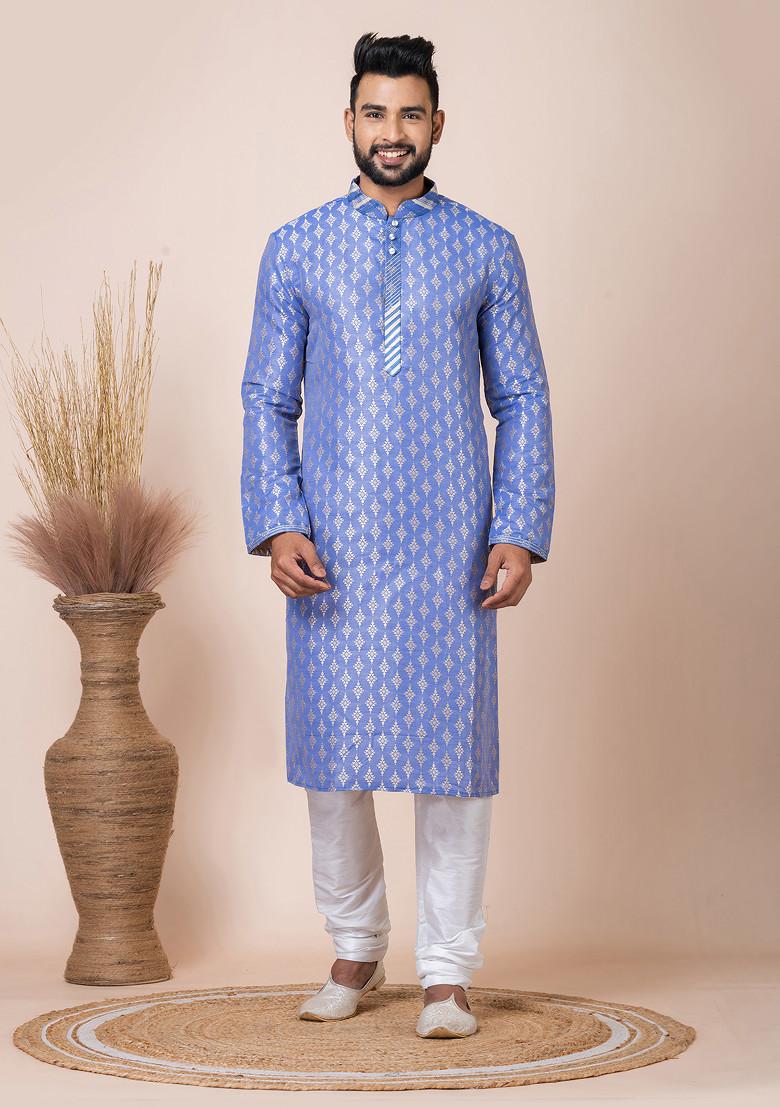 Blue Jacquard Kurta Pyjama Set For Men