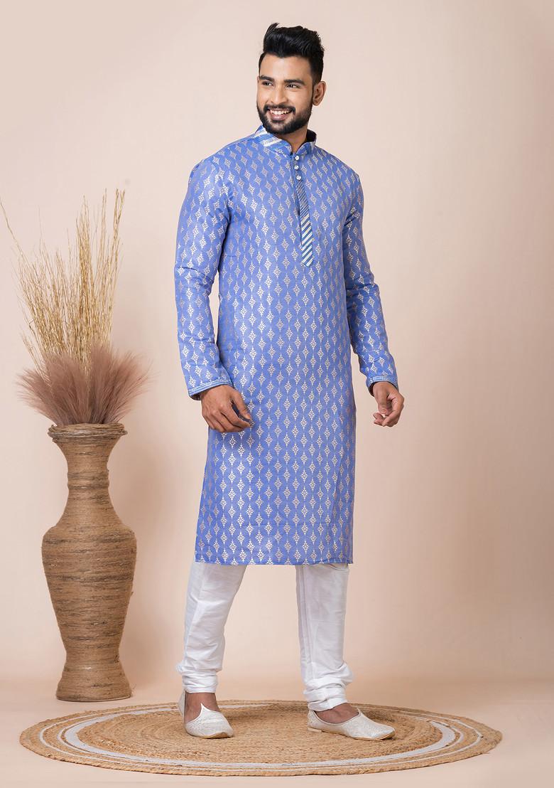 Blue Jacquard Kurta Pyjama Set For Men