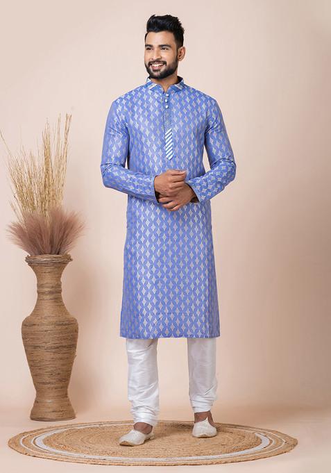 Blue Jacquard Kurta Pyjama Set For Men