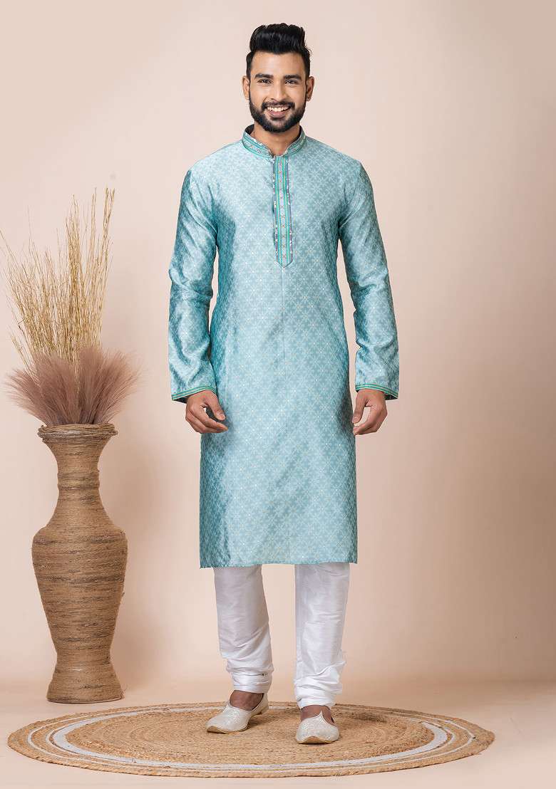 Sea Green Abstract Print Kurta Pyjama Set For Men - Indya