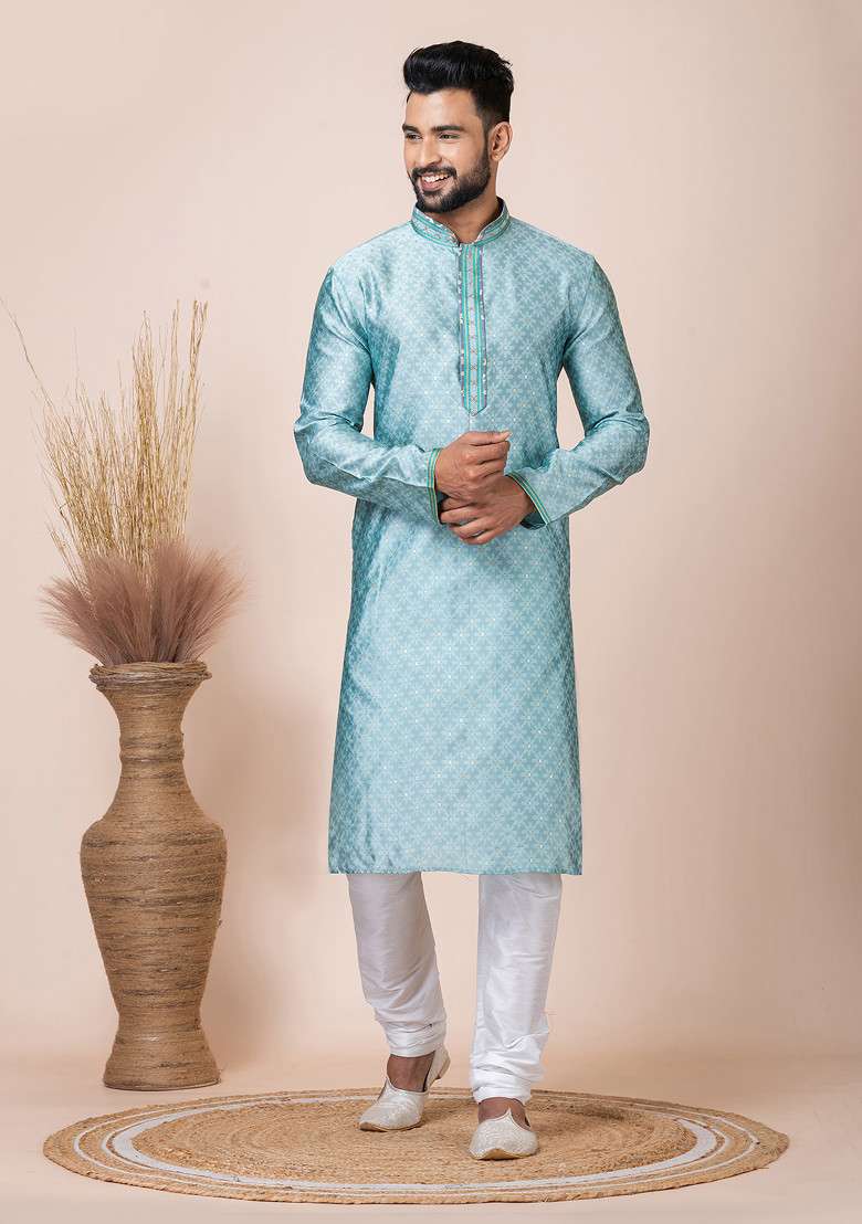 Sea Green Abstract Print Kurta Pyjama Set For Men - Indya