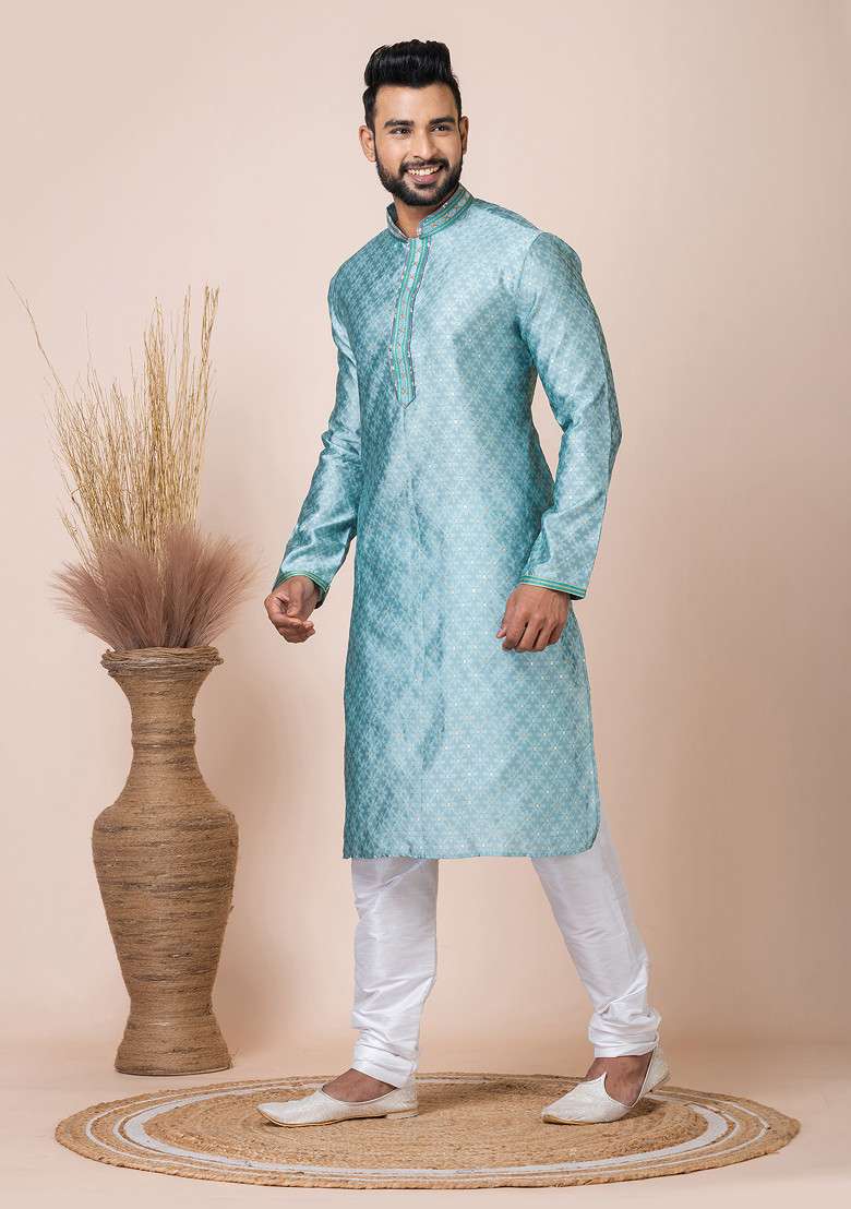 Sea Green Abstract Print Kurta Pyjama Set For Men - Indya