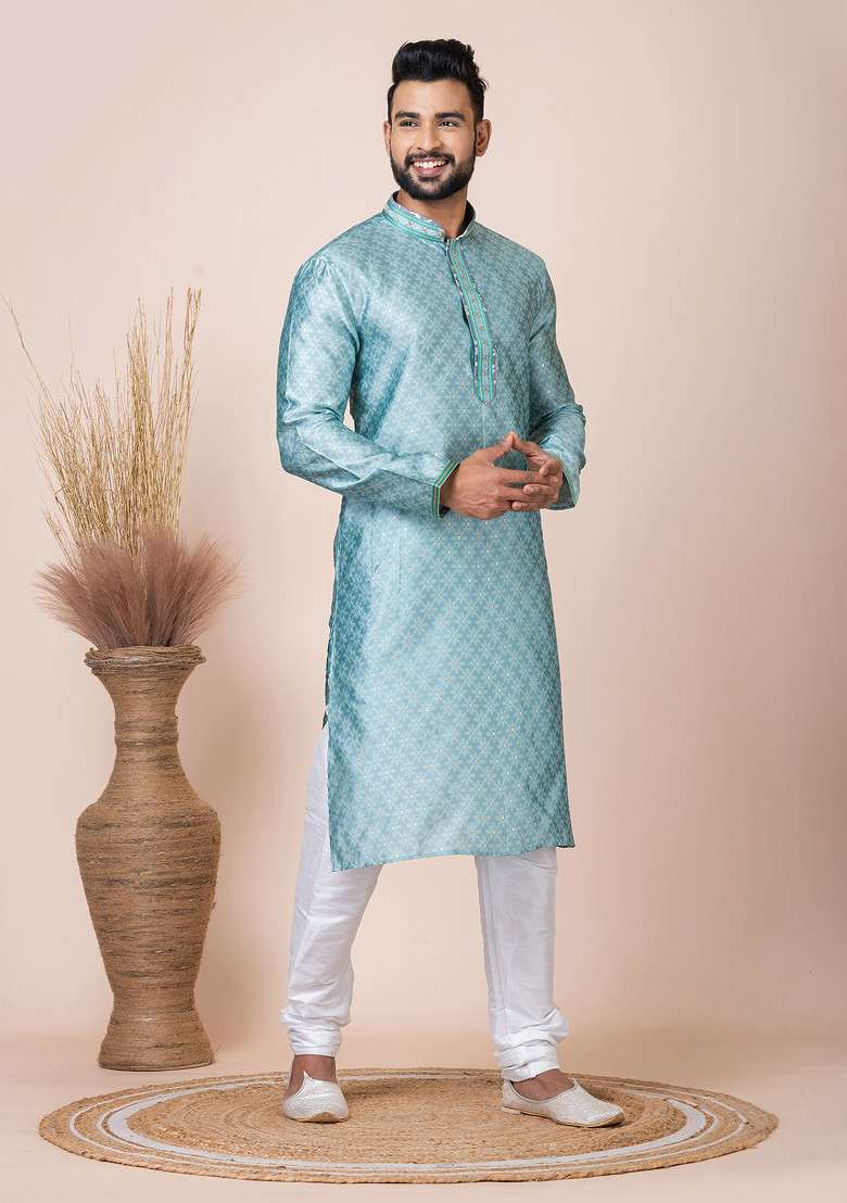 Sea Green Abstract Print Kurta Pyjama Set For Men - Indya