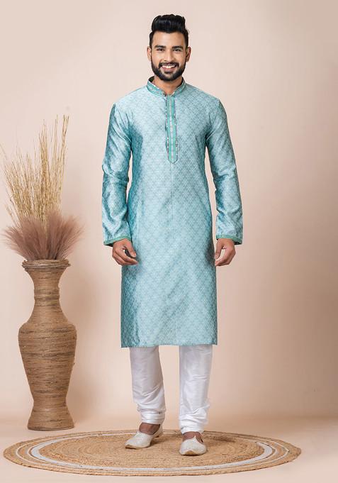 Sea Green Abstract Print Kurta Pyjama Set For Men