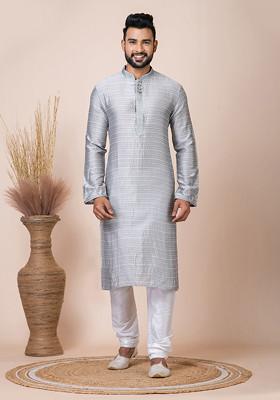 Grey Abstract Print Kurta Pyjama Set For Men
