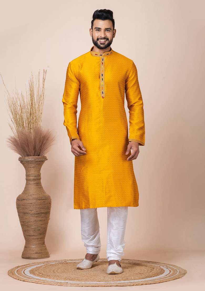 Yellow Jacquard Kurta Pyjama Set For Men - Indya