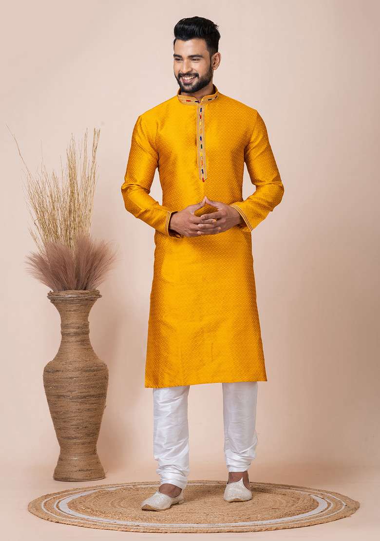 Yellow Jacquard Kurta Pyjama Set For Men - Indya