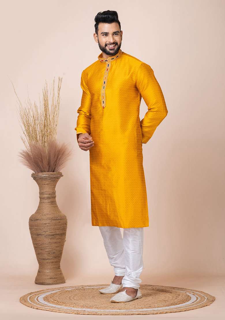 Yellow Jacquard Kurta Pyjama Set For Men - Indya