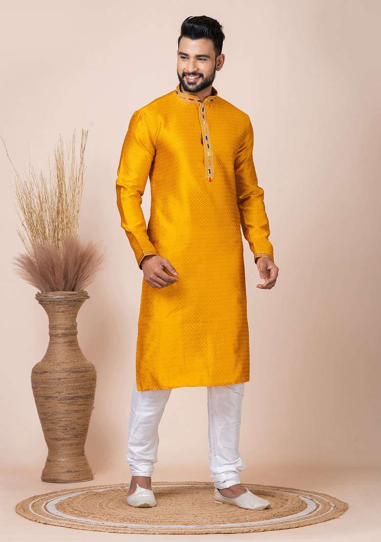 Yellow Jacquard Kurta Pyjama Set For Men - Indya
