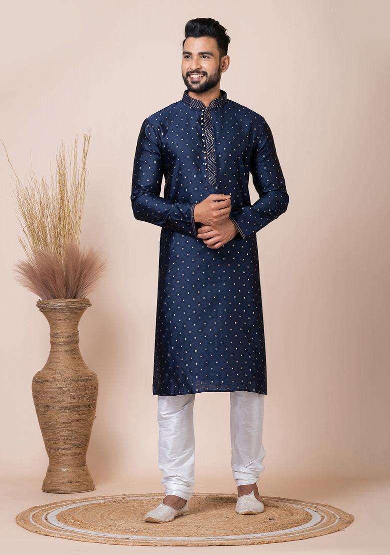 Navy Blue Jacquard Kurta Pyjama Set For Men