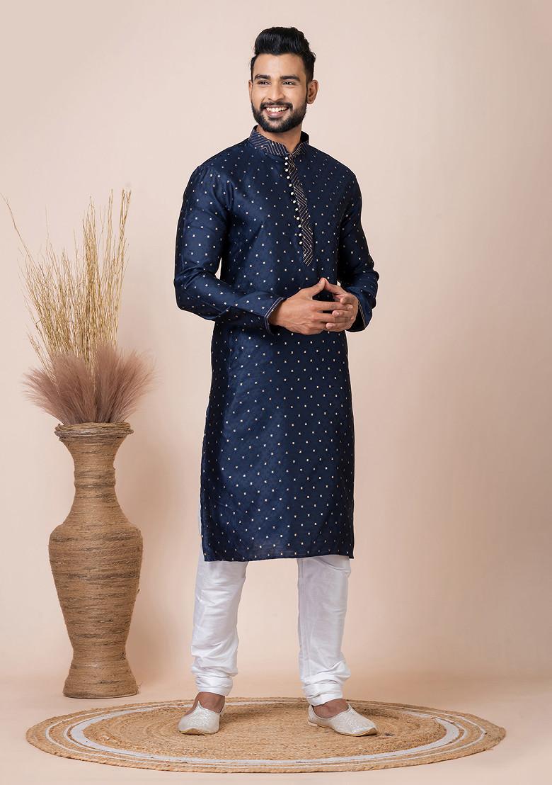 Navy Blue Jacquard Kurta Pyjama Set For Men