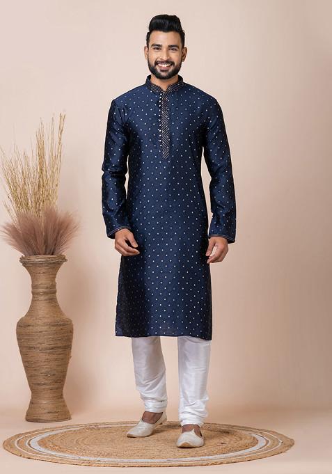 Navy Blue Jacquard Kurta Pyjama Set For Men