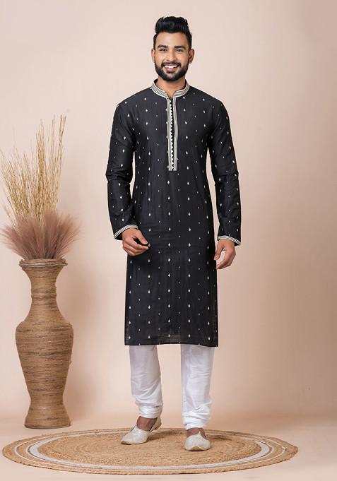 Black Jacquard Mulberry Butti Kurta Pyjama Set For Men