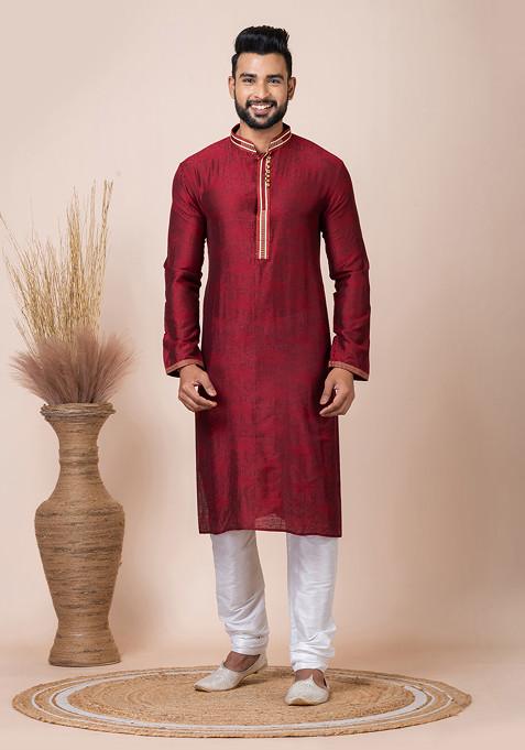 Maroon Jacquard Kurta Pyjama Set For Men