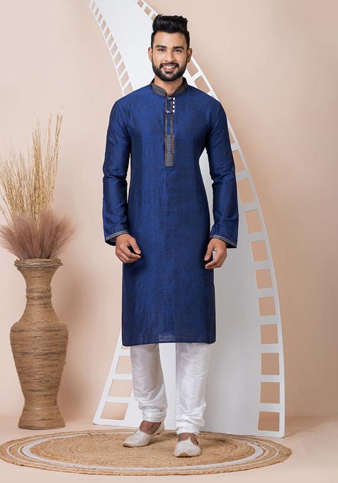 Navy Blue Jacquard Silk Kurta Pyjama Set For Men