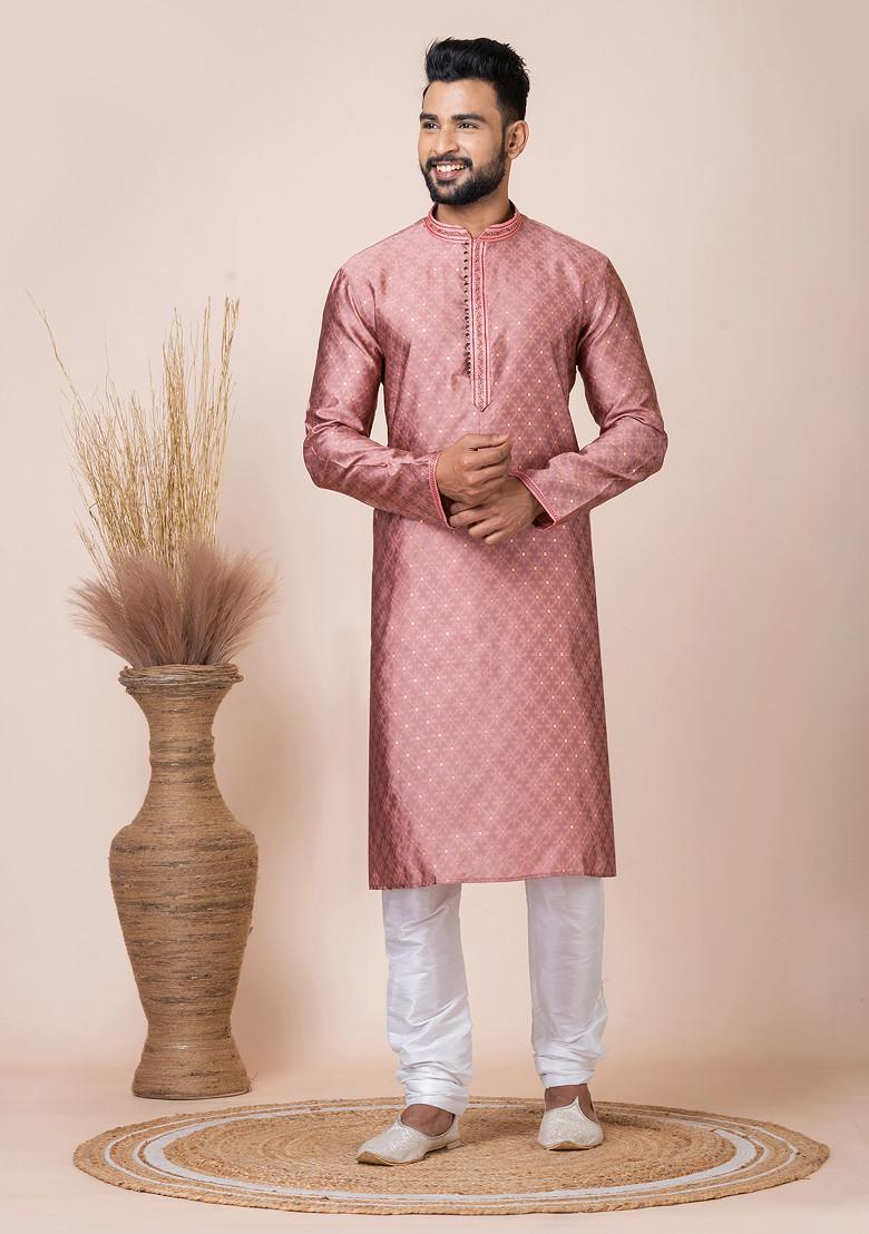 Dark Peach Jacquard Kurta Pyjama Set For Men