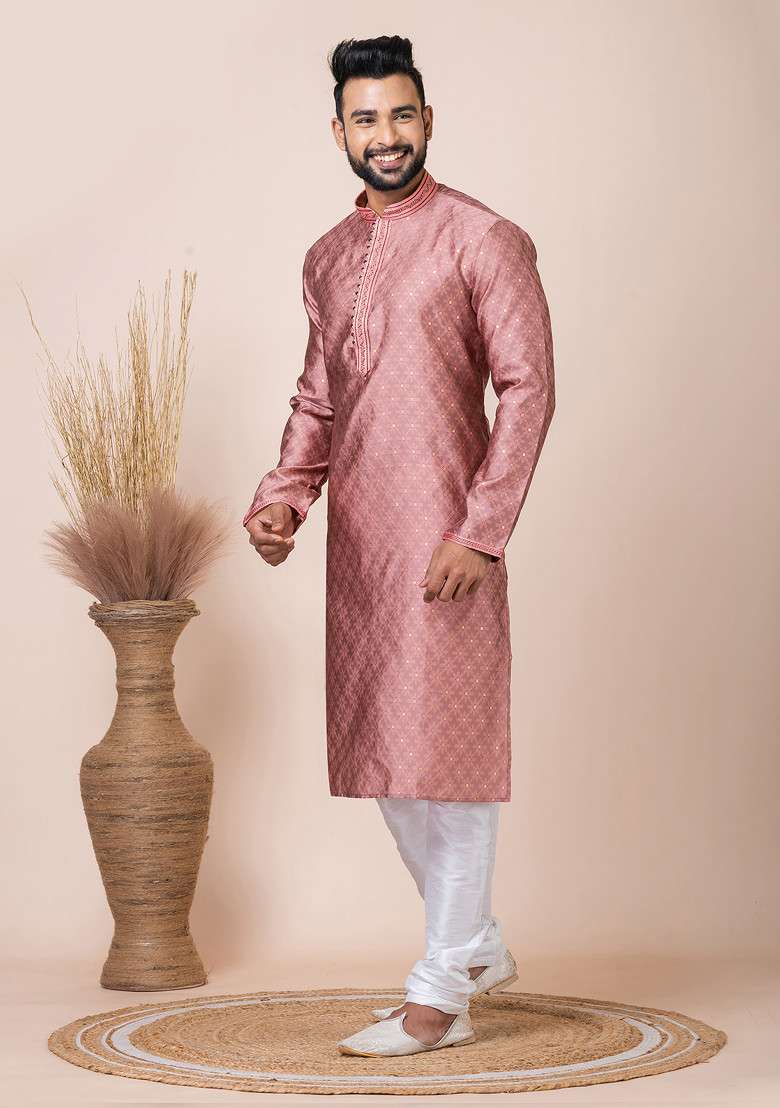 Dark Peach Jacquard Kurta Pyjama Set For Men - Indya