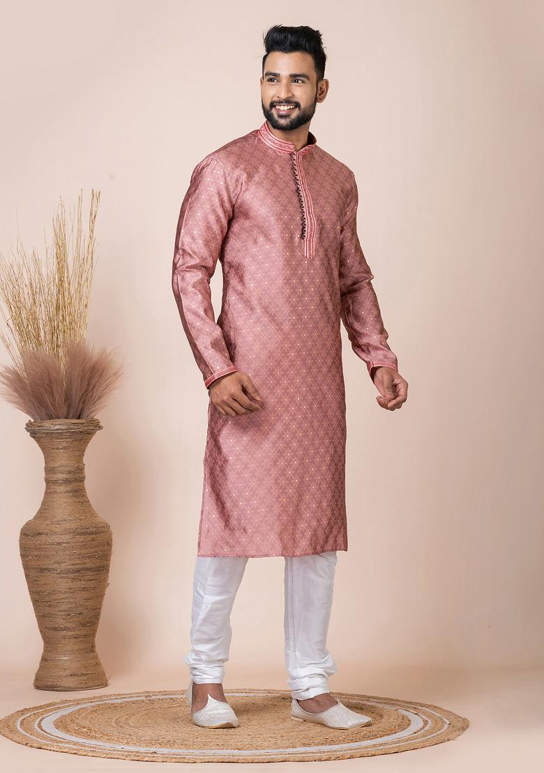 Dark Peach Jacquard Kurta Pyjama Set For Men
