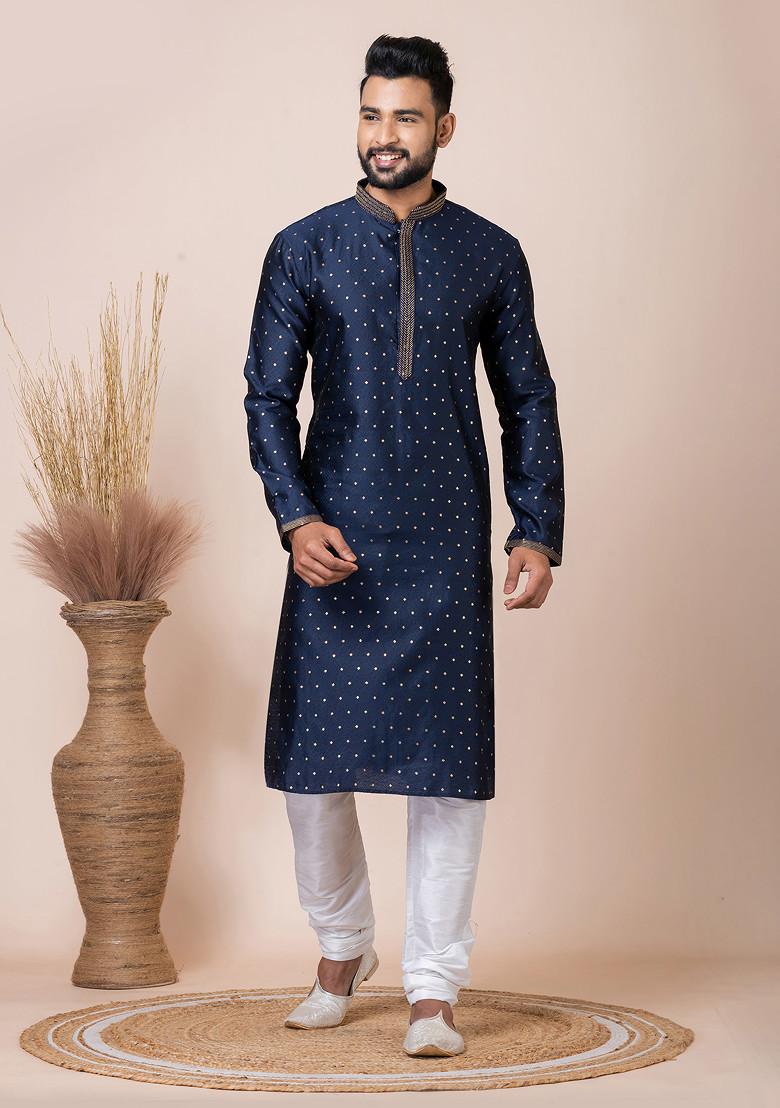 Navy Blue Jacquard Kurta Set For Men