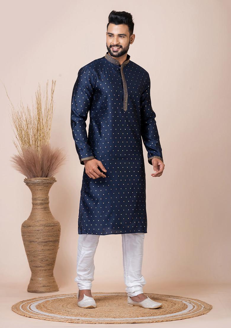 Navy Blue Jacquard Kurta Set For Men