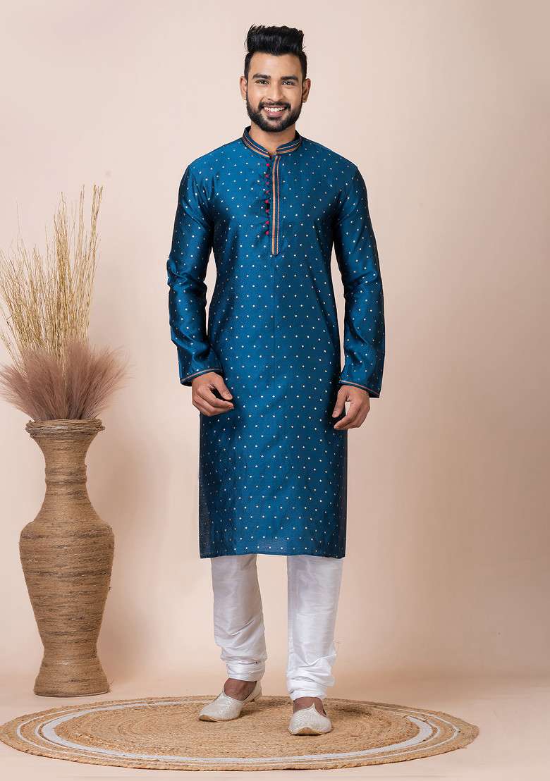 Rama Green Jacquard Kurta And Pyjama Set For Men - Indya