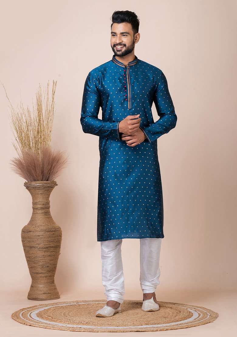 Rama Green Jacquard Kurta And Pyjama Set For Men - Indya