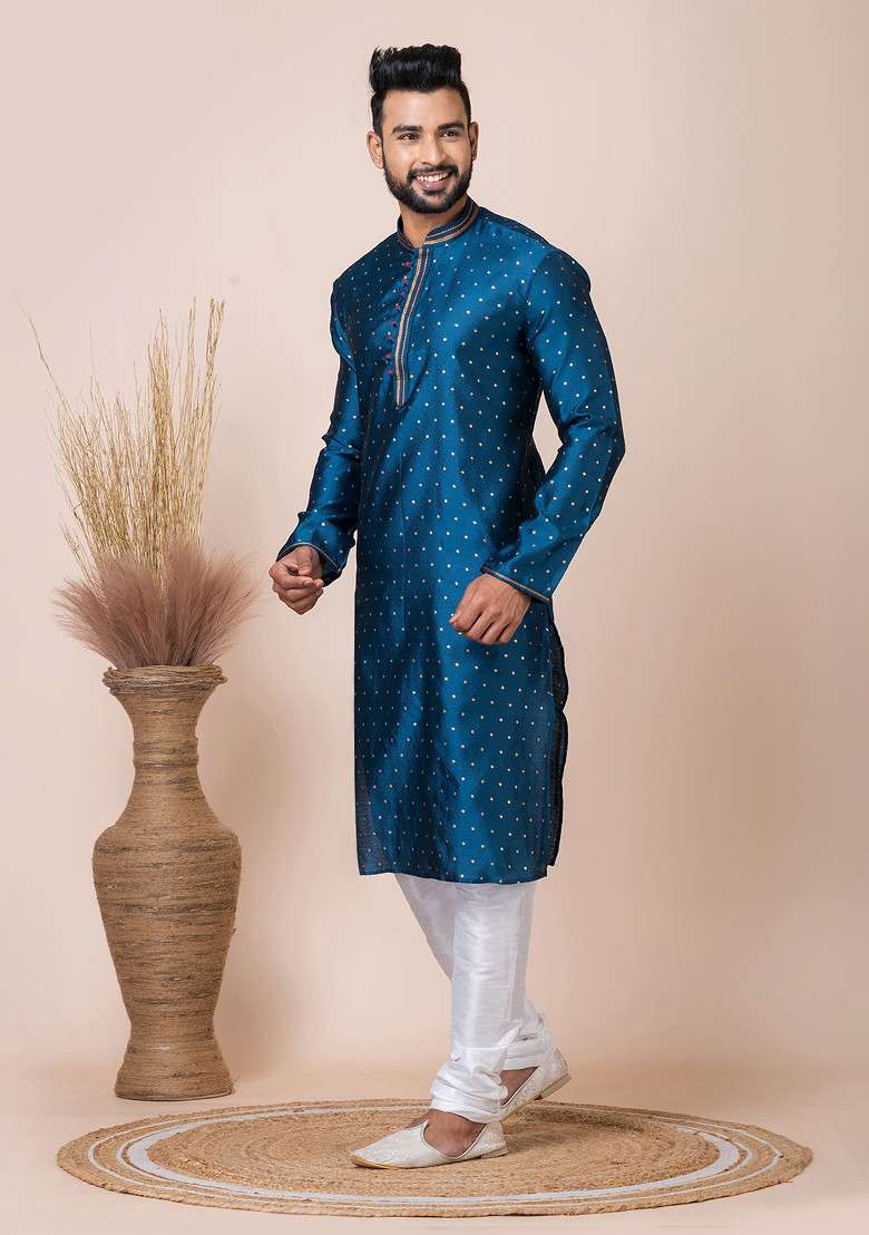 Rama Green Jacquard Kurta And Pyjama Set For Men - Indya