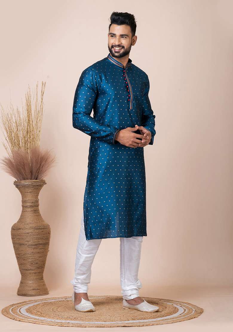 Rama Green Jacquard Kurta And Pyjama Set For Men - Indya