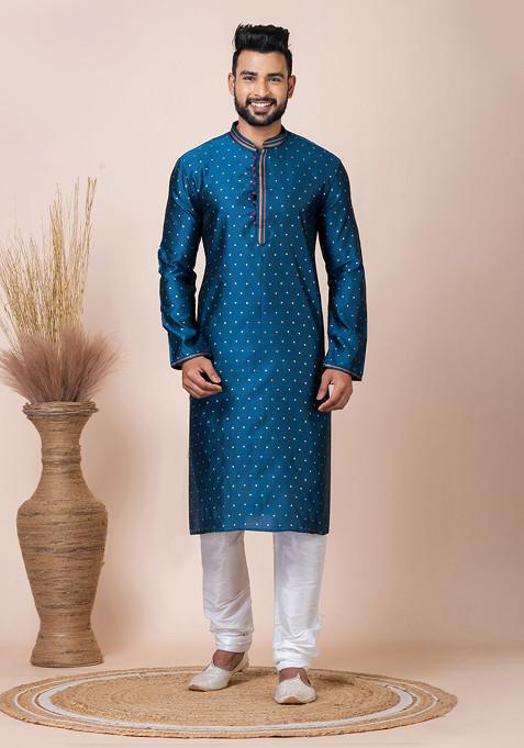 Rama Green Jacquard Kurta And Pyjama Set For Men