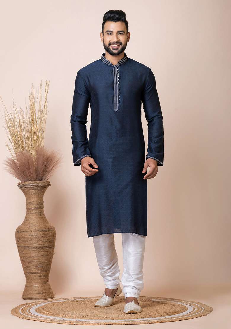 Navy Blue Jacquard Embroidered Collar Kurta Pyjama Set For Men - Indya