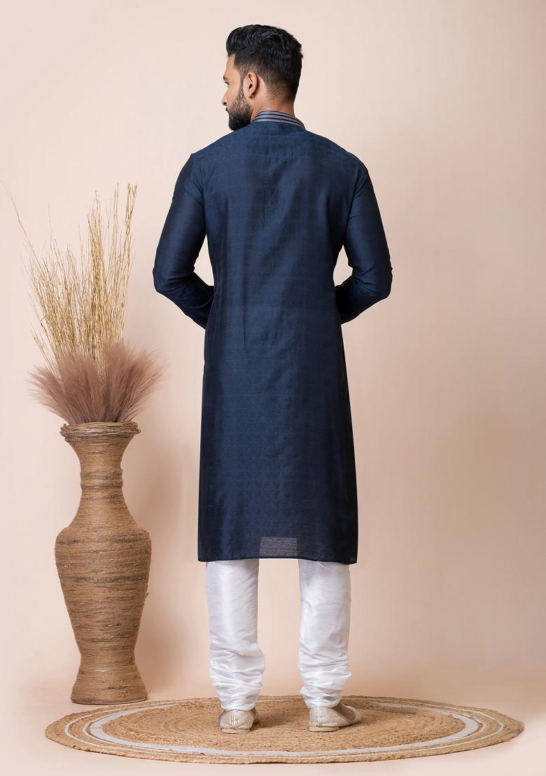 Navy Blue Jacquard Embroidered Collar Kurta Pyjama Set For Men