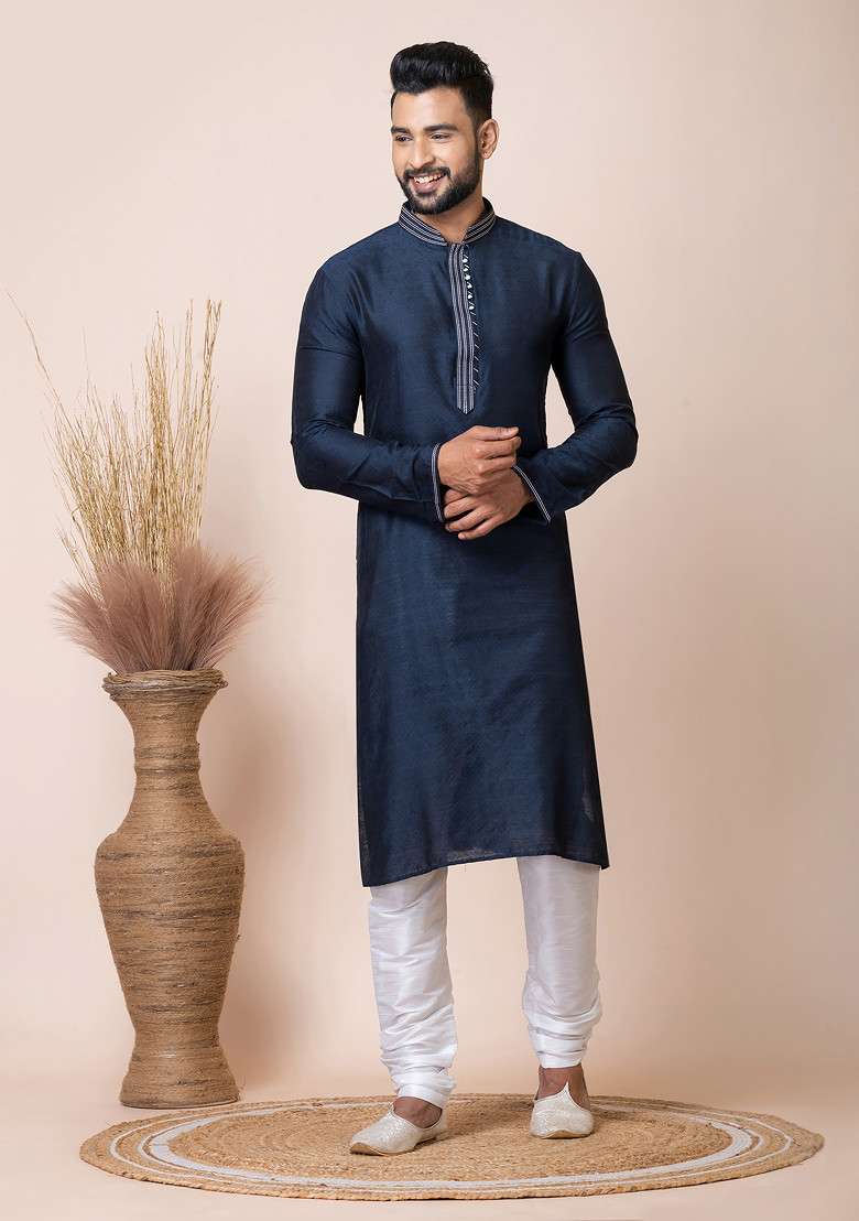 Navy Blue Jacquard Embroidered Collar Kurta Pyjama Set For Men - Indya