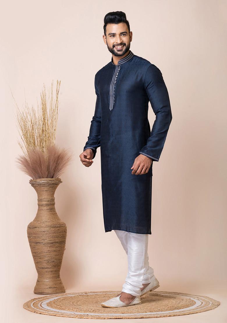 Navy Blue Jacquard Embroidered Collar Kurta Pyjama Set For Men