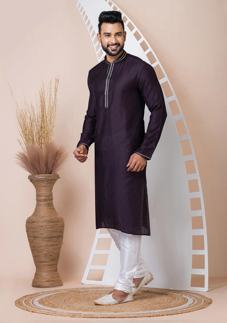 Violet Jacquard Kurta Pyjama Set For Men