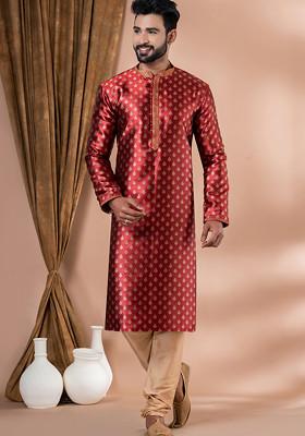 Red Jacquard Kurta Pyjama Set For Men