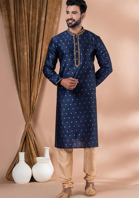 Navy Blue Jacquard Dupion Kurta Pyjama Set For Men