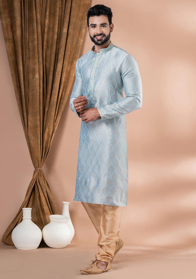 Sky Blue Jacquard Kurta Pyjama For Men