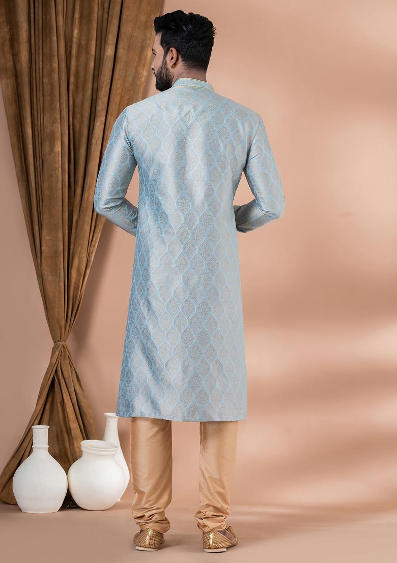 Sky Blue Jacquard Kurta Pyjama For Men
